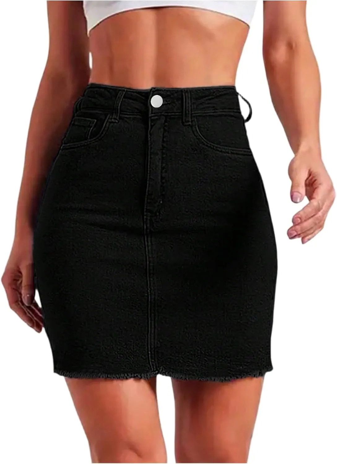 Stretchy Denim Mini Skirts for Women High Waisted Slim Fit Raw Hem Jean Skirt Stretch Bodycon Short Skirt with Pockets