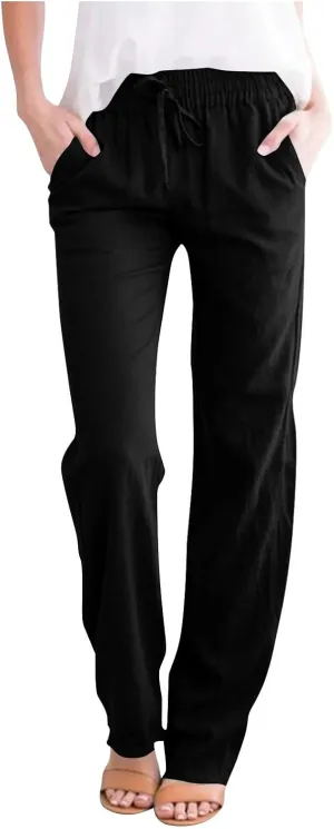 Summer Pants for Women 2025 Elastic High Waisted Wide Leg Pants Beach Vacation Cover Up Lounge Pants with Pockets