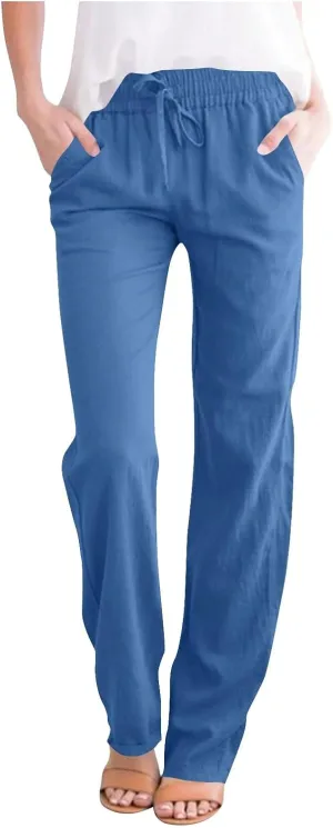 Summer Pants for Women 2025 Elastic High Waisted Wide Leg Pants Beach Vacation Cover Up Lounge Pants with Pockets