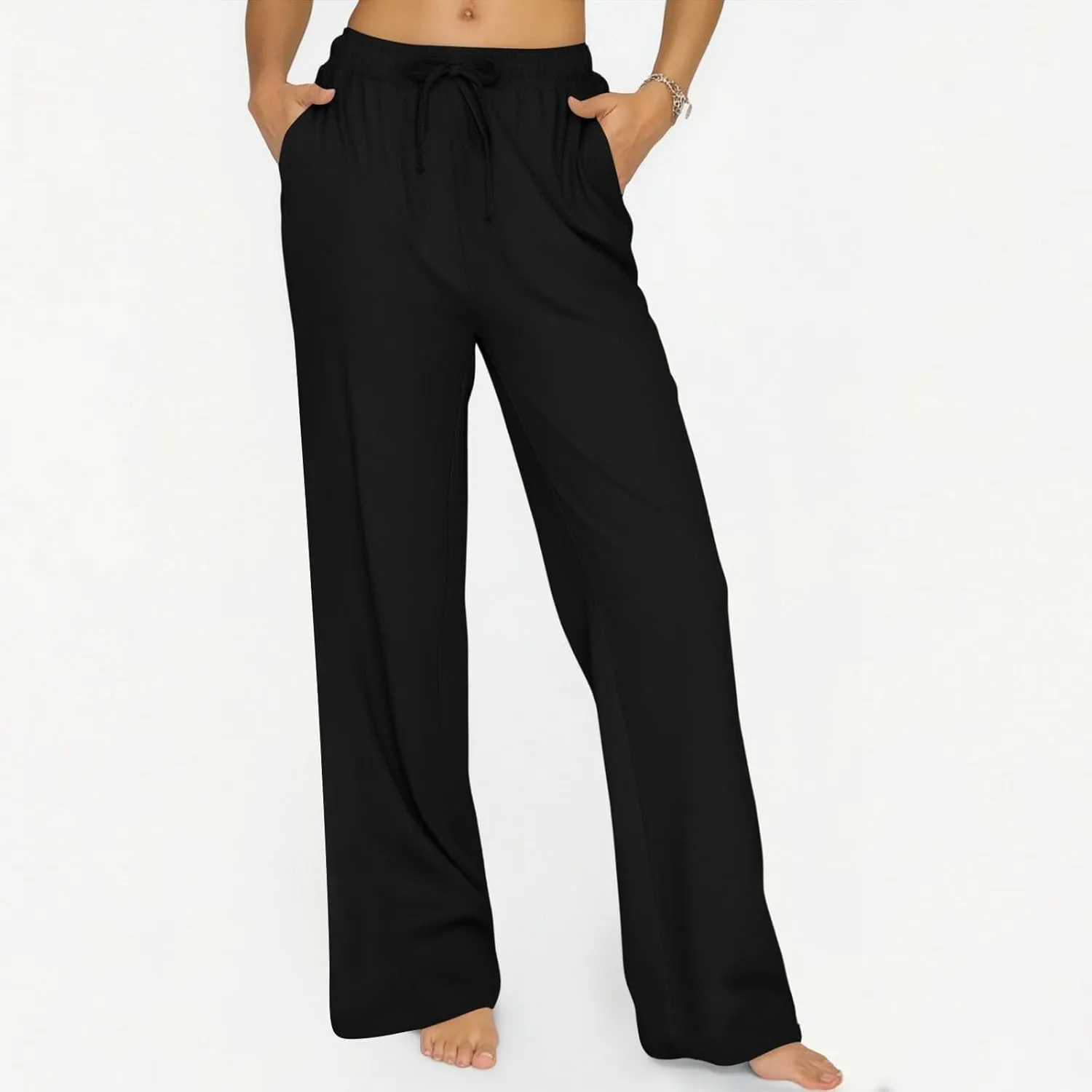 Summer Pants for Women 2025 Elastic High Waisted Wide Leg Pants Beach Vacation Cover Up Lounge Pants with Pockets
