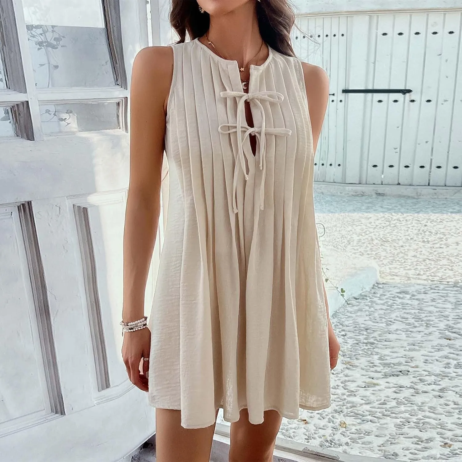 Sundresses for Women,2025 Summer V-Neck a Line Dresses Vintage Sleeveless Beach Sundress Casual Loose Boho Dress