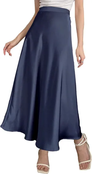 SweatyRocks Women's Satin High Waisted A Line Maxi Skirt Elegant Solid Flowy Party Long Skirts