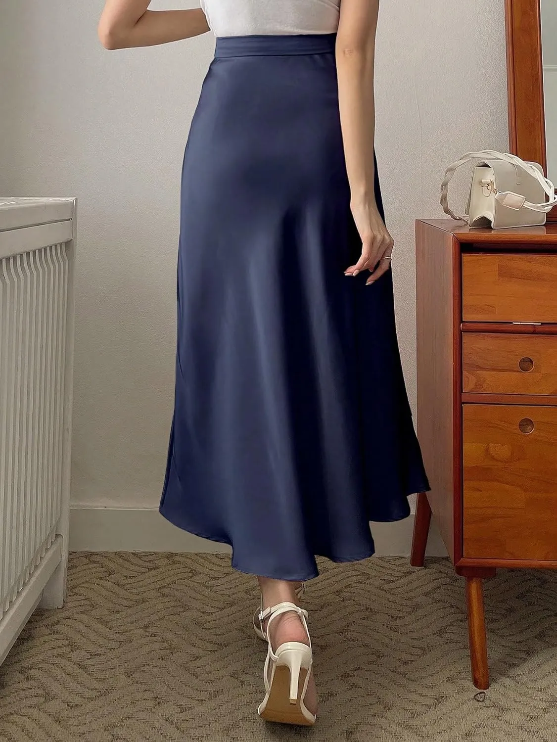 SweatyRocks Women's Satin High Waisted A Line Maxi Skirt Elegant Solid Flowy Party Long Skirts
