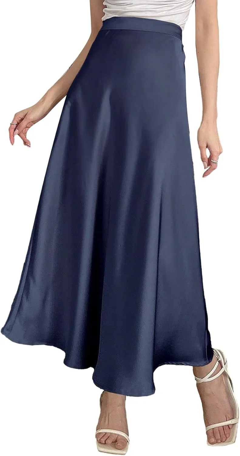 SweatyRocks Women's Satin High Waisted A Line Maxi Skirt Elegant Solid Flowy Party Long Skirts