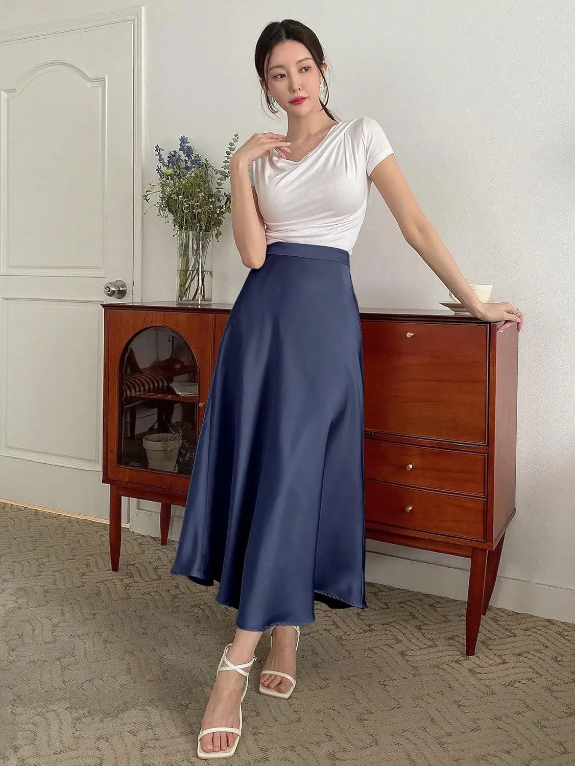 SweatyRocks Women's Satin High Waisted A Line Maxi Skirt Elegant Solid Flowy Party Long Skirts