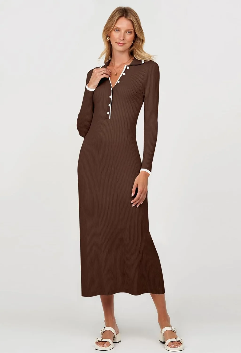 TECREW Women's Long Sleeve V Neck Sweater Maxi Dress Button Bodycon Fitted Fall Ribbed Knit Dresses