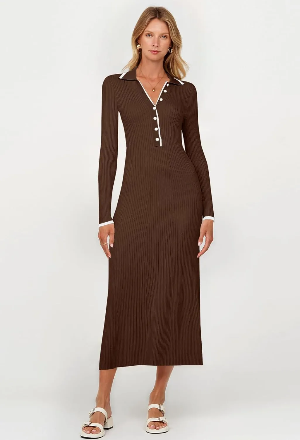 TECREW Women's Long Sleeve V Neck Sweater Maxi Dress Button Bodycon Fitted Fall Ribbed Knit Dresses