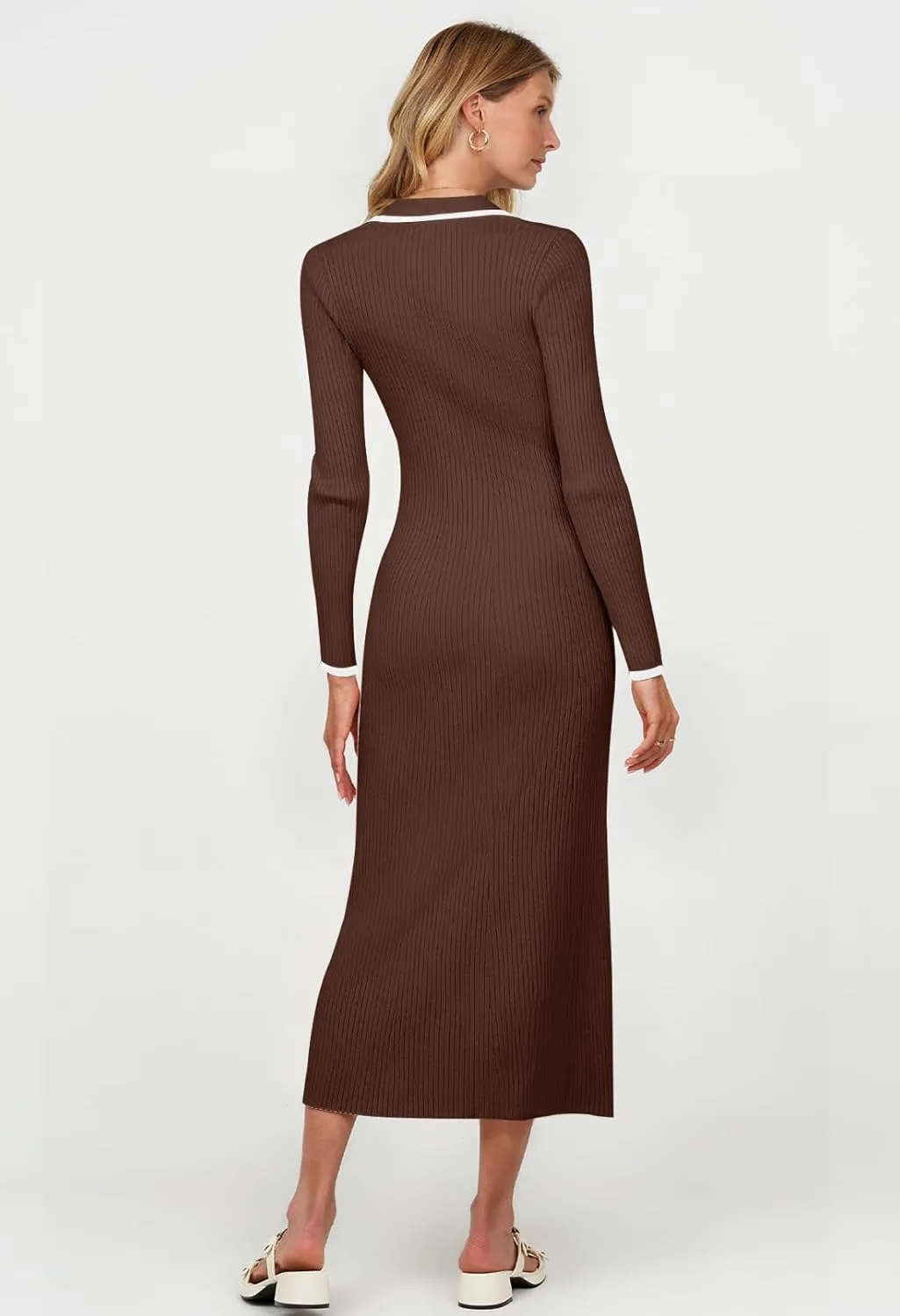 TECREW Women's Long Sleeve V Neck Sweater Maxi Dress Button Bodycon Fitted Fall Ribbed Knit Dresses