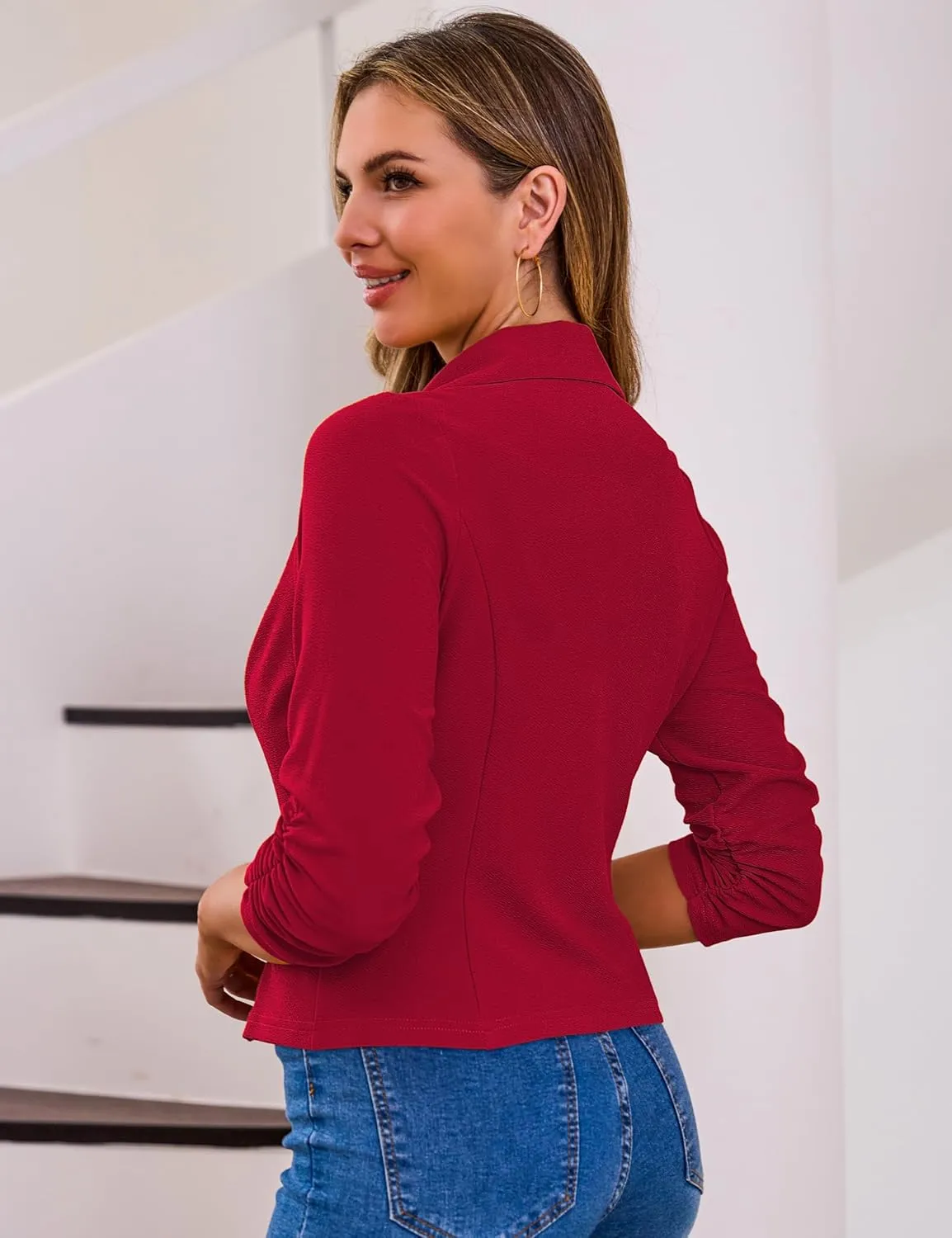 Traleubie Women's Cropped Blazers 3/4 Ruched Sleeve Lightweight Office Wear Short Blazer with Button, S-XL