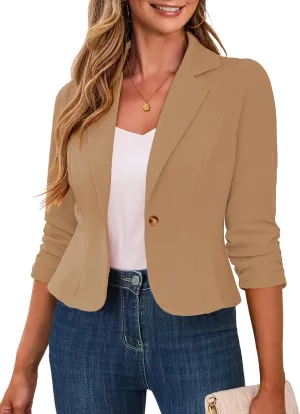 Traleubie Women's Cropped Blazers 3/4 Ruched Sleeve Lightweight Office Wear Short Blazer with Button, S-XL