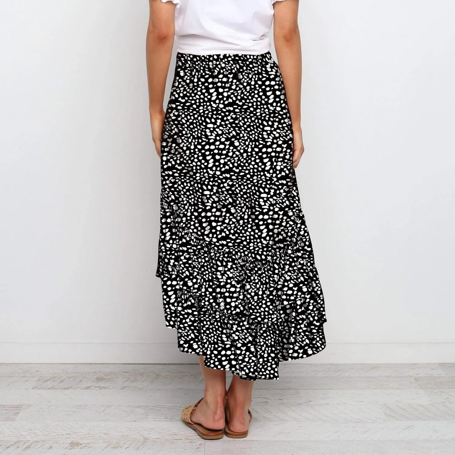 tuduoms Summer Womens Boho Beach Skirts Cute High Waist Disty Floral Flowy Skirts A-Line Tiered Ruffle High Low Swing Skirts