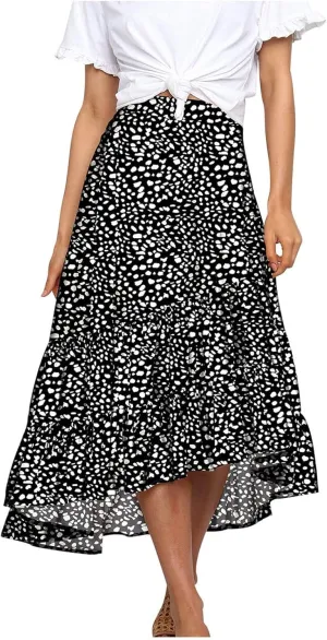 tuduoms Summer Womens Boho Beach Skirts Cute High Waist Disty Floral Flowy Skirts A-Line Tiered Ruffle High Low Swing Skirts