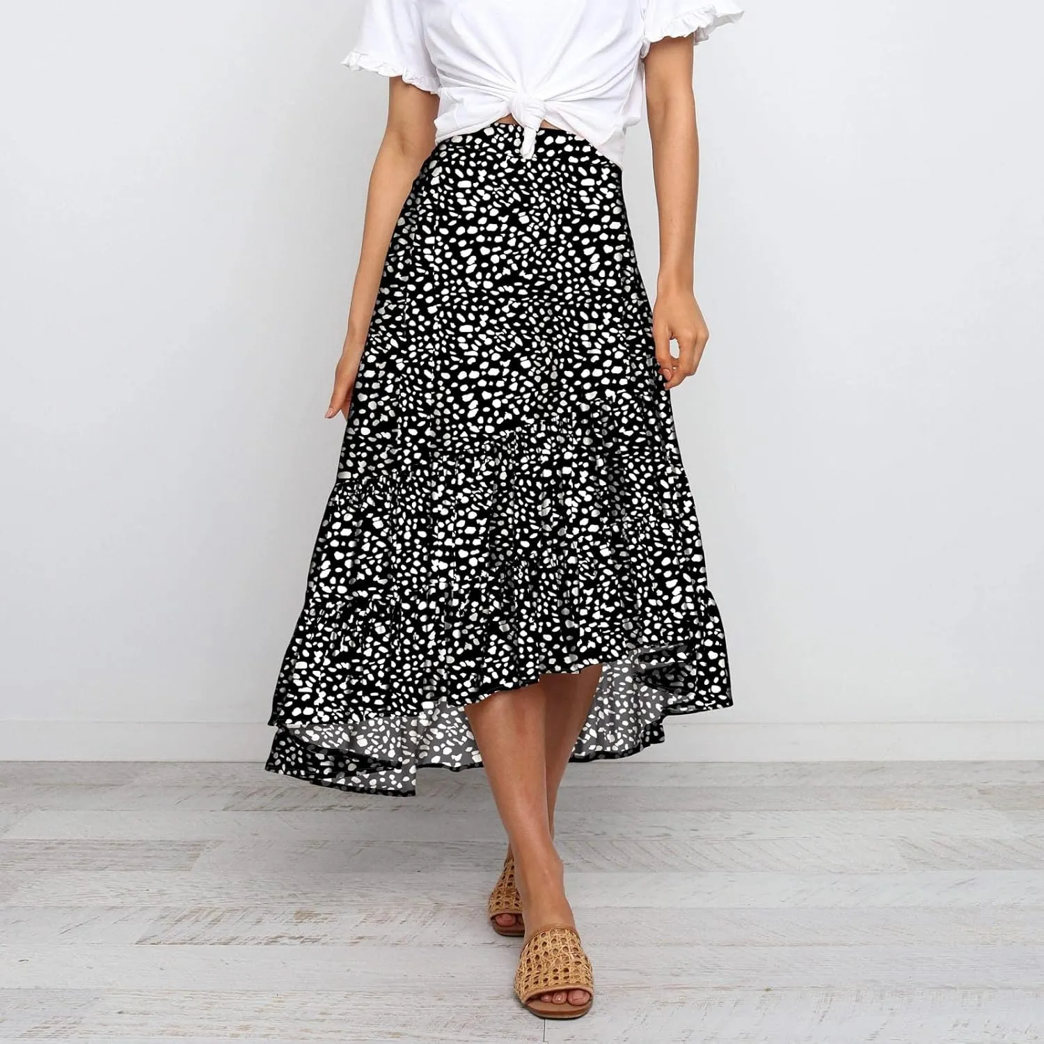 tuduoms Summer Womens Boho Beach Skirts Cute High Waist Disty Floral Flowy Skirts A-Line Tiered Ruffle High Low Swing Skirts