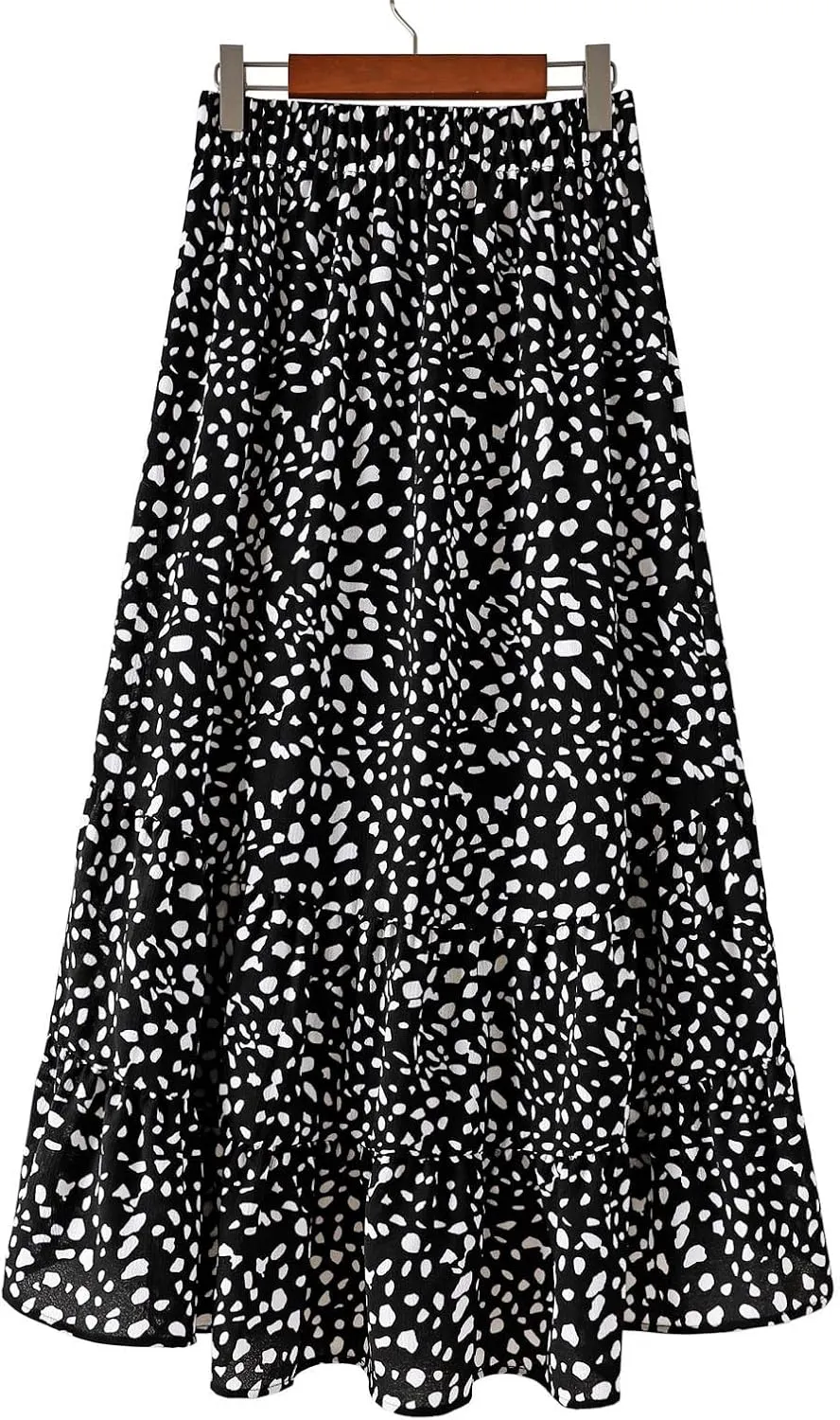 tuduoms Summer Womens Boho Beach Skirts Cute High Waist Disty Floral Flowy Skirts A-Line Tiered Ruffle High Low Swing Skirts