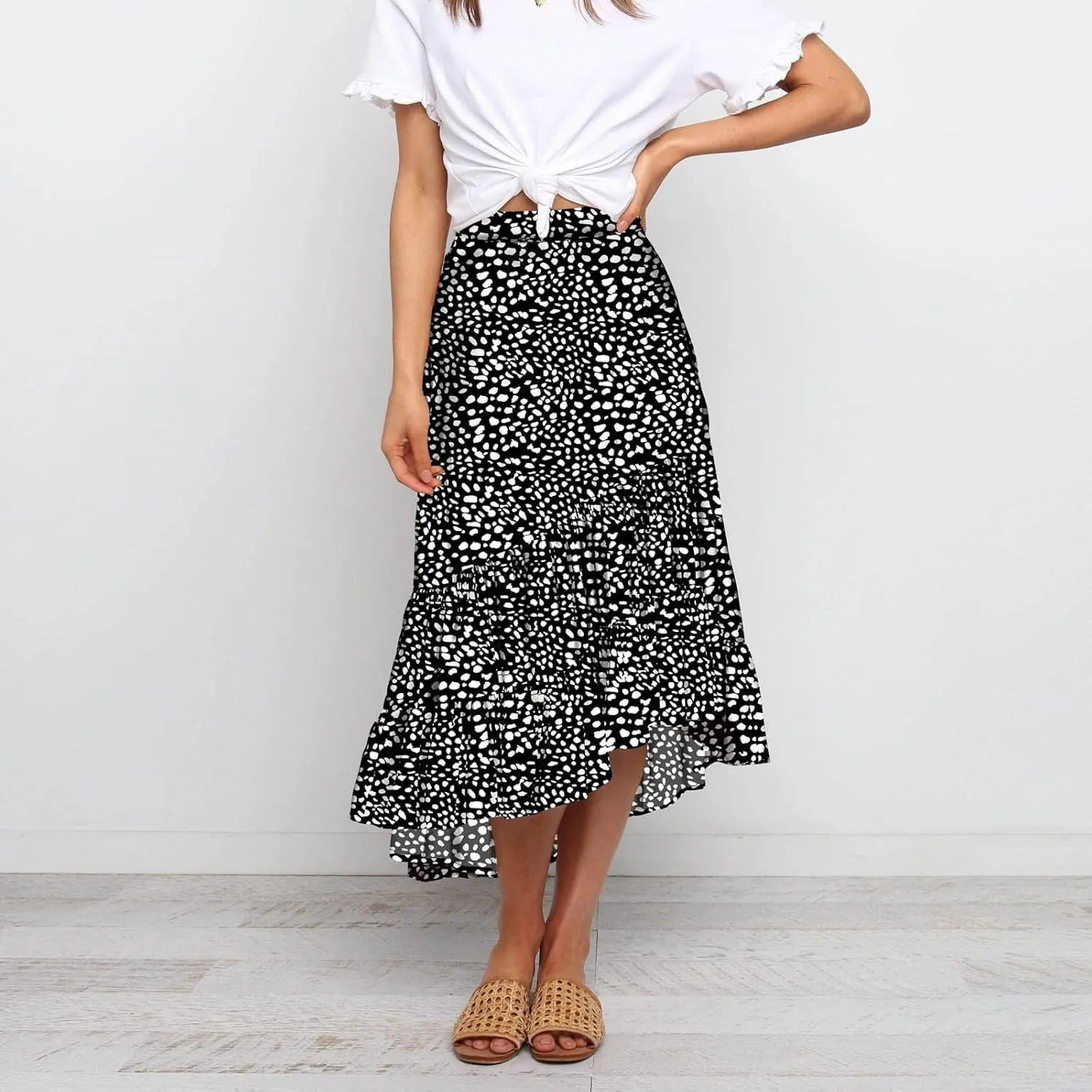 tuduoms Summer Womens Boho Beach Skirts Cute High Waist Disty Floral Flowy Skirts A-Line Tiered Ruffle High Low Swing Skirts