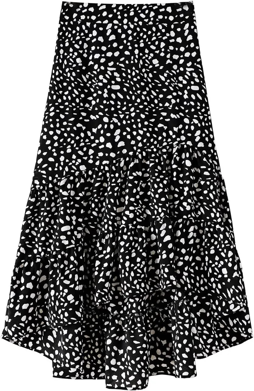 tuduoms Summer Womens Boho Beach Skirts Cute High Waist Disty Floral Flowy Skirts A-Line Tiered Ruffle High Low Swing Skirts