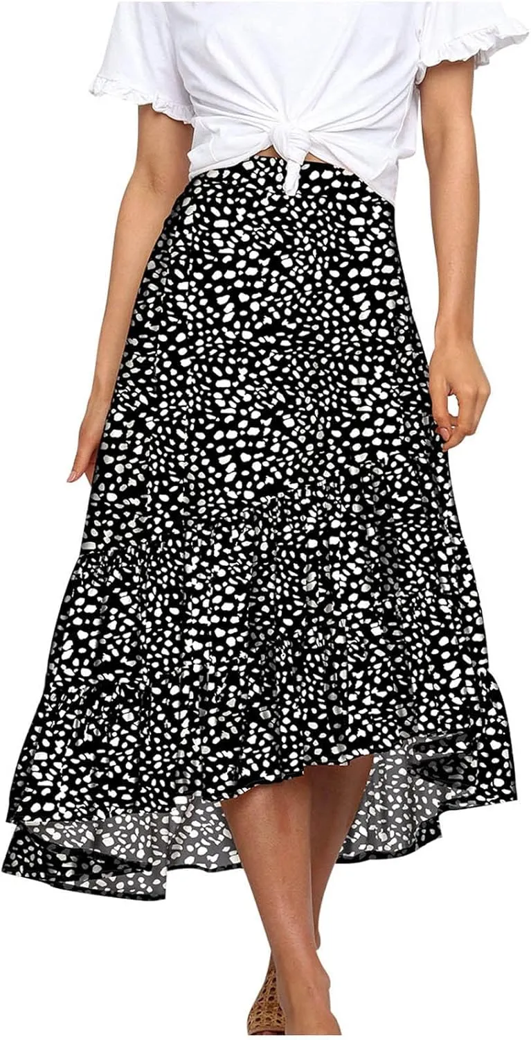 tuduoms Summer Womens Boho Beach Skirts Cute High Waist Disty Floral Flowy Skirts A-Line Tiered Ruffle High Low Swing Skirts