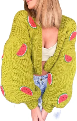 UAURORAO Women Oversized Cute Cardigan Fruit Embroidered Cropped Sweater Coat Button Chunky Knit Aesthetic Cardigans