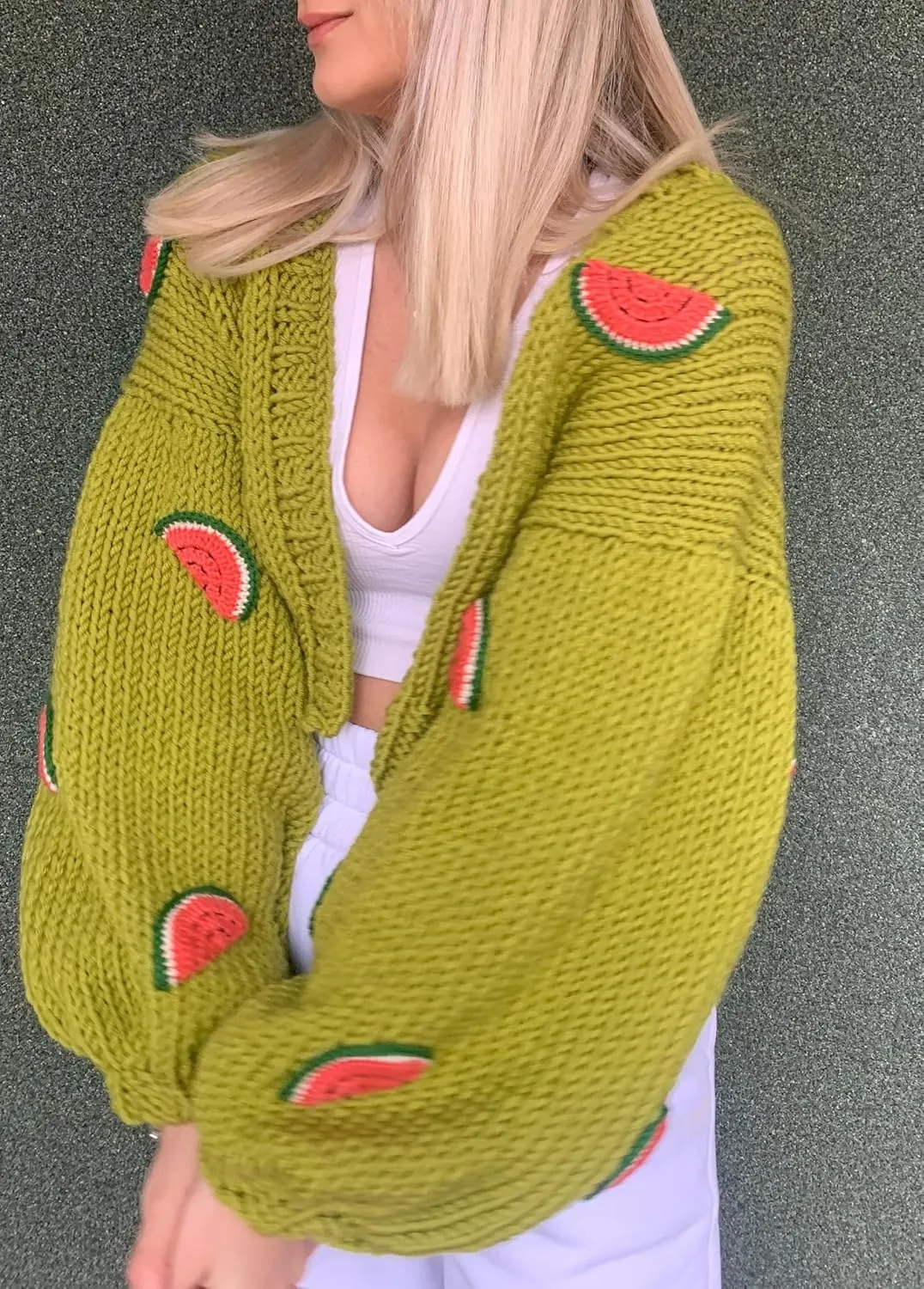 UAURORAO Women Oversized Cute Cardigan Fruit Embroidered Cropped Sweater Coat Button Chunky Knit Aesthetic Cardigans