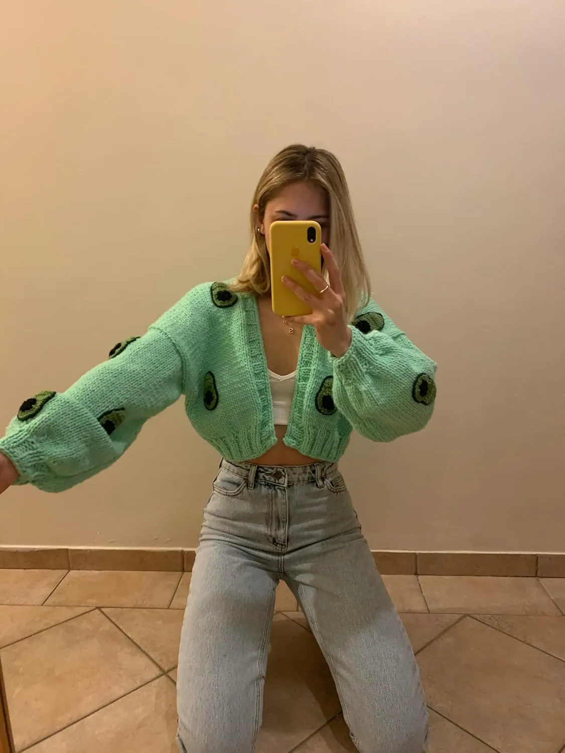 UAURORAO Women Oversized Cute Cardigan Fruit Embroidered Cropped Sweater Coat Button Chunky Knit Aesthetic Cardigans
