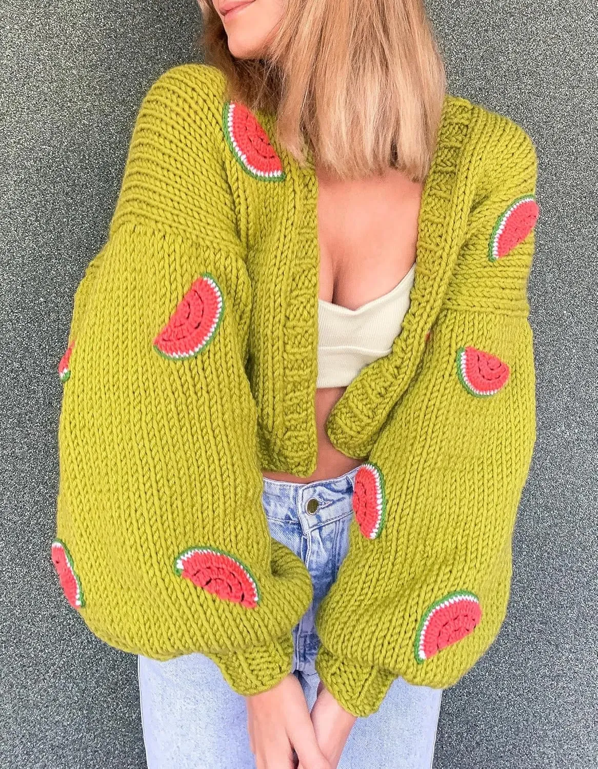 UAURORAO Women Oversized Cute Cardigan Fruit Embroidered Cropped Sweater Coat Button Chunky Knit Aesthetic Cardigans