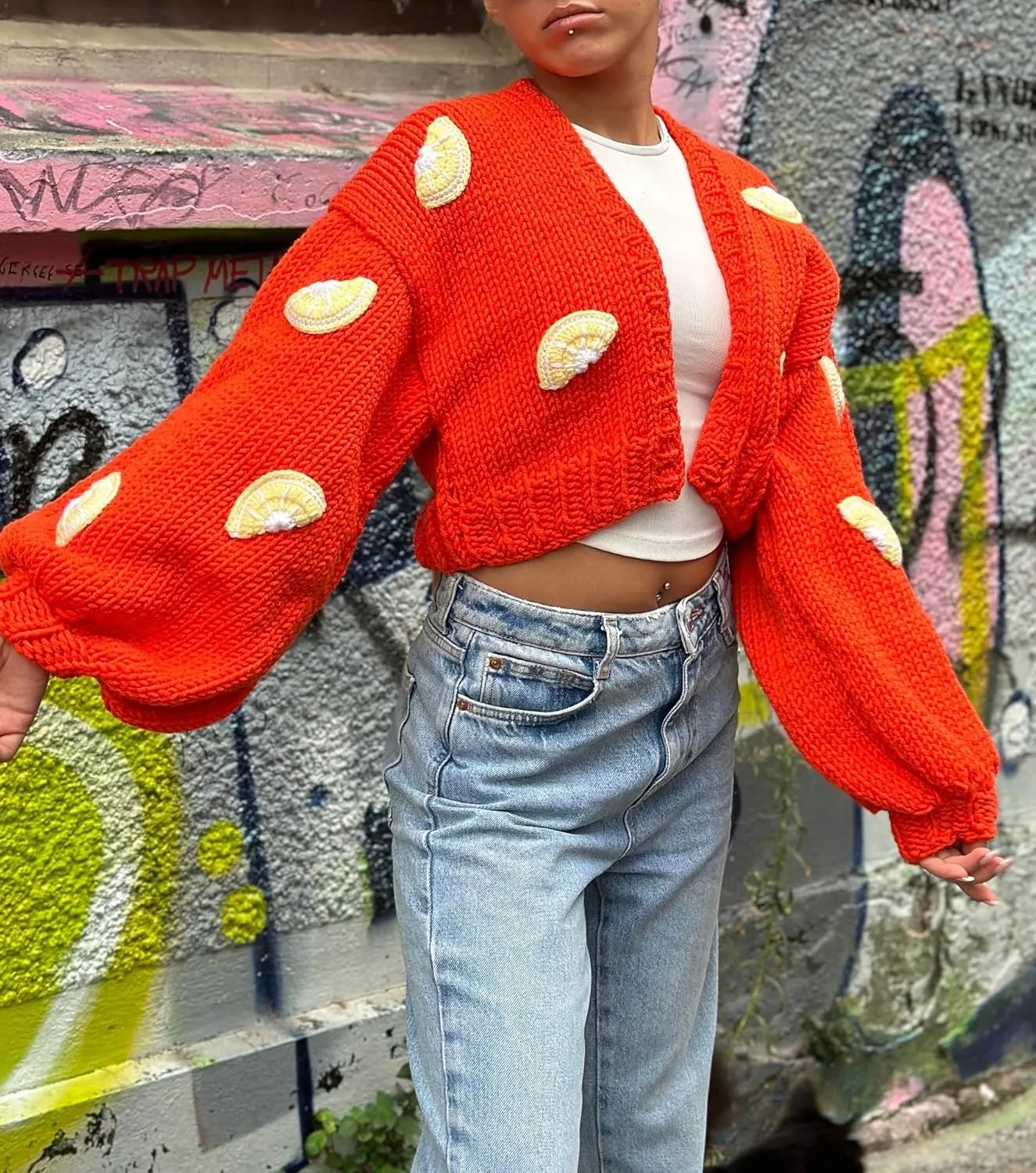 UAURORAO Women Oversized Cute Cardigan Fruit Embroidered Cropped Sweater Coat Button Chunky Knit Aesthetic Cardigans