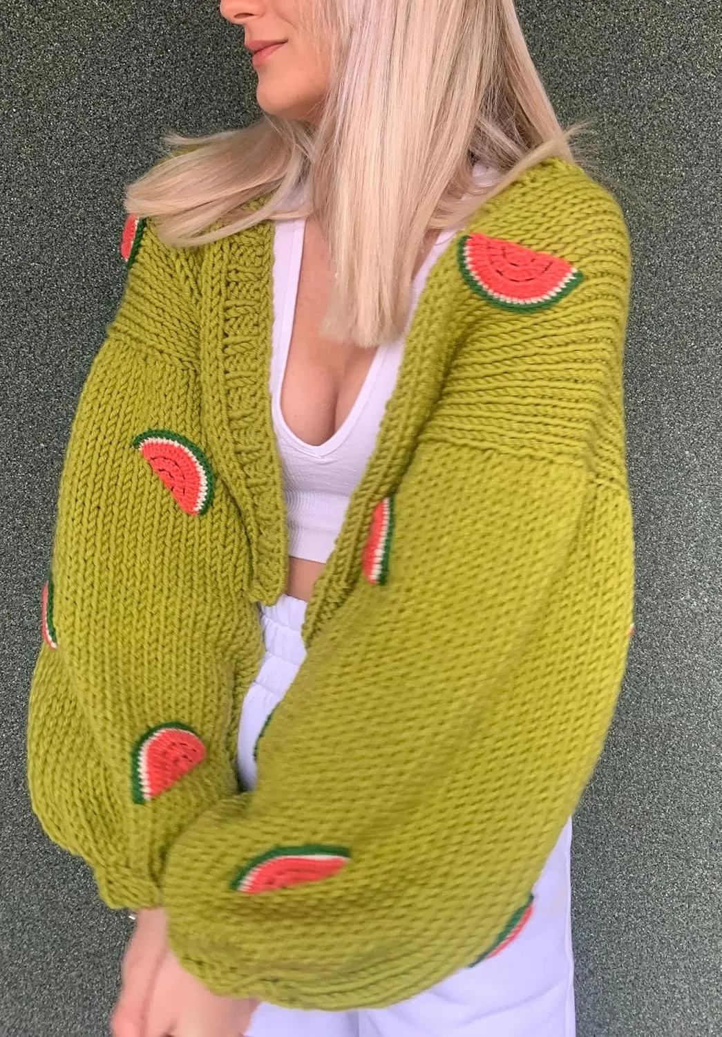 UAURORAO Women Oversized Cute Cardigan Fruit Embroidered Cropped Sweater Coat Button Chunky Knit Aesthetic Cardigans