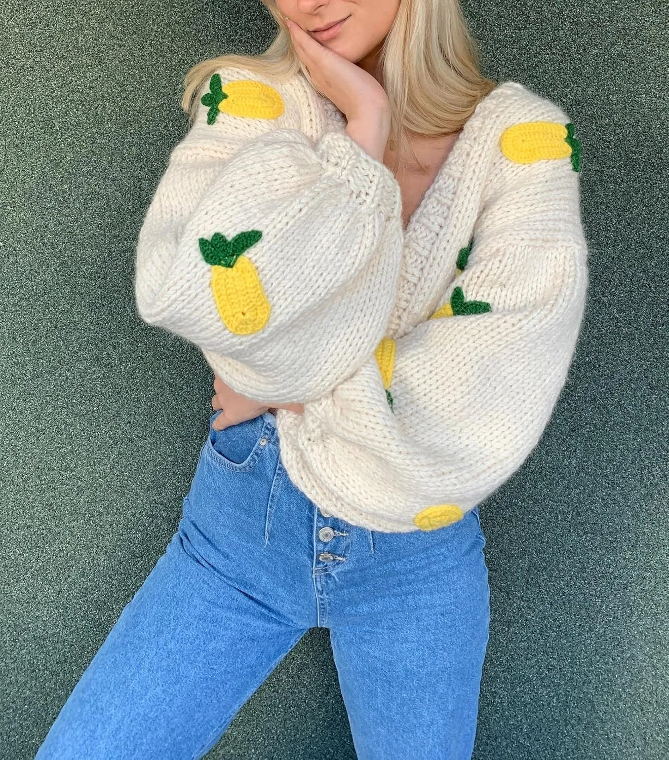 UAURORAO Women Oversized Cute Cardigan Fruit Embroidered Cropped Sweater Coat Button Chunky Knit Aesthetic Cardigans