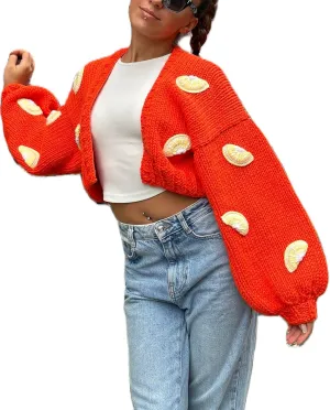UAURORAO Women Oversized Cute Cardigan Fruit Embroidered Cropped Sweater Coat Button Chunky Knit Aesthetic Cardigans