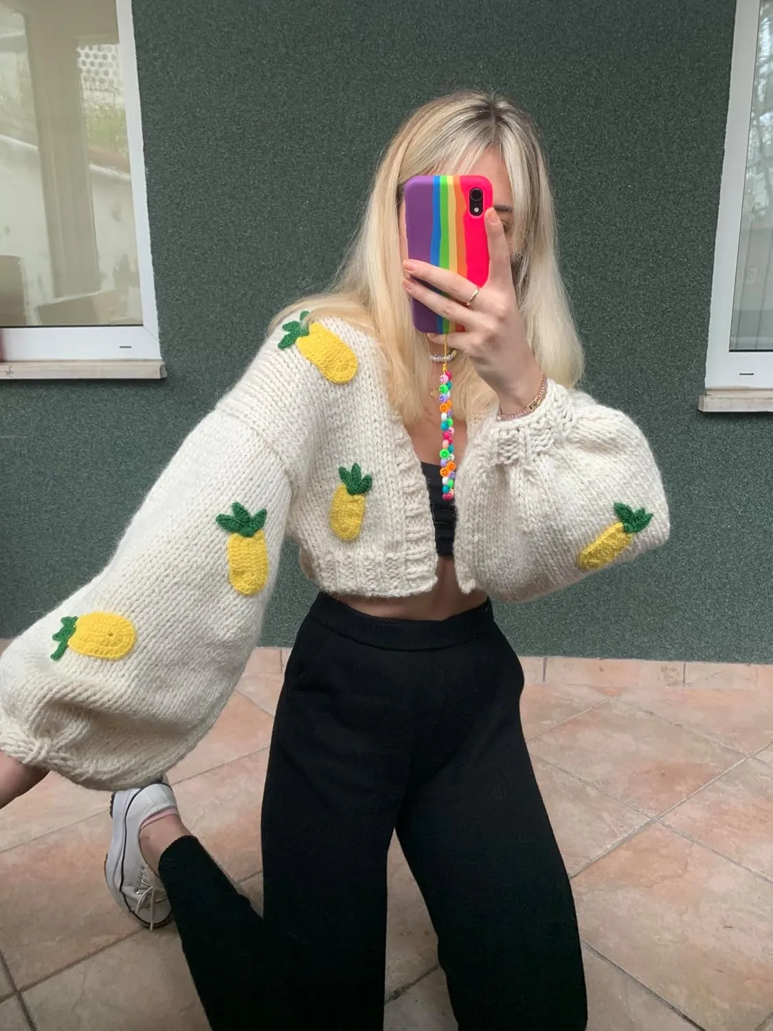 UAURORAO Women Oversized Cute Cardigan Fruit Embroidered Cropped Sweater Coat Button Chunky Knit Aesthetic Cardigans