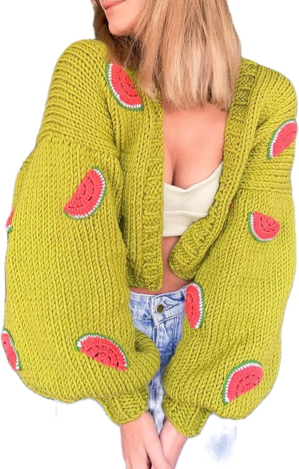 UAURORAO Women Oversized Cute Cardigan Fruit Embroidered Cropped Sweater Coat Button Chunky Knit Aesthetic Cardigans