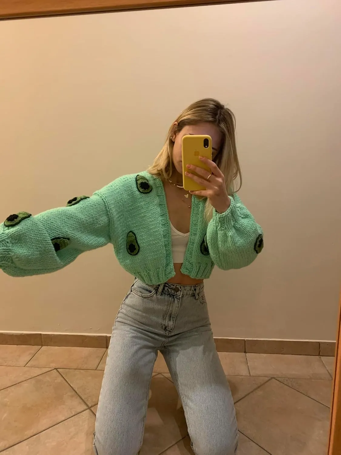 UAURORAO Women Oversized Cute Cardigan Fruit Embroidered Cropped Sweater Coat Button Chunky Knit Aesthetic Cardigans