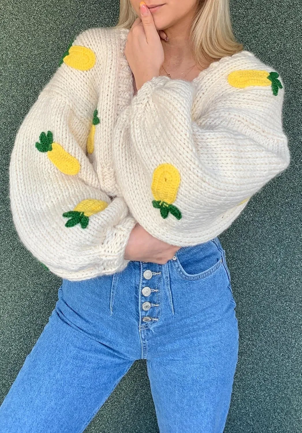 UAURORAO Women Oversized Cute Cardigan Fruit Embroidered Cropped Sweater Coat Button Chunky Knit Aesthetic Cardigans