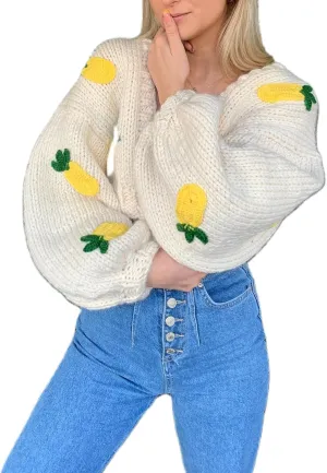 UAURORAO Women Oversized Cute Cardigan Fruit Embroidered Cropped Sweater Coat Button Chunky Knit Aesthetic Cardigans
