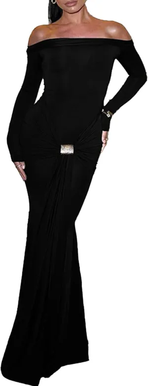 Unybwonn Sexy Off Shoulder Maxi Dress for Women Bodycon Stretchy Long Sleeve Wrap Dresses Party Cocktail Mesh Dresses
