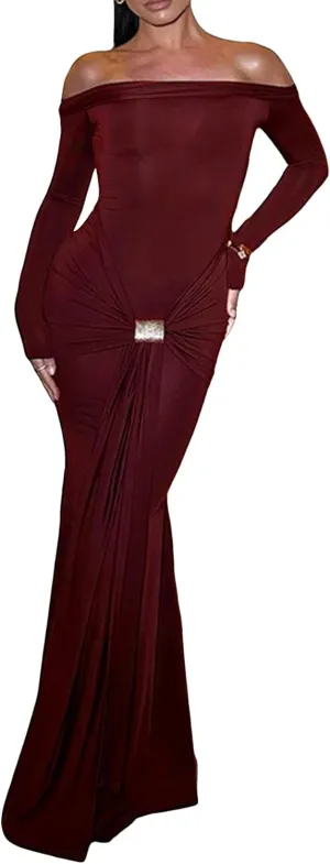Unybwonn Sexy Off Shoulder Maxi Dress for Women Bodycon Stretchy Long Sleeve Wrap Dresses Party Cocktail Mesh Dresses