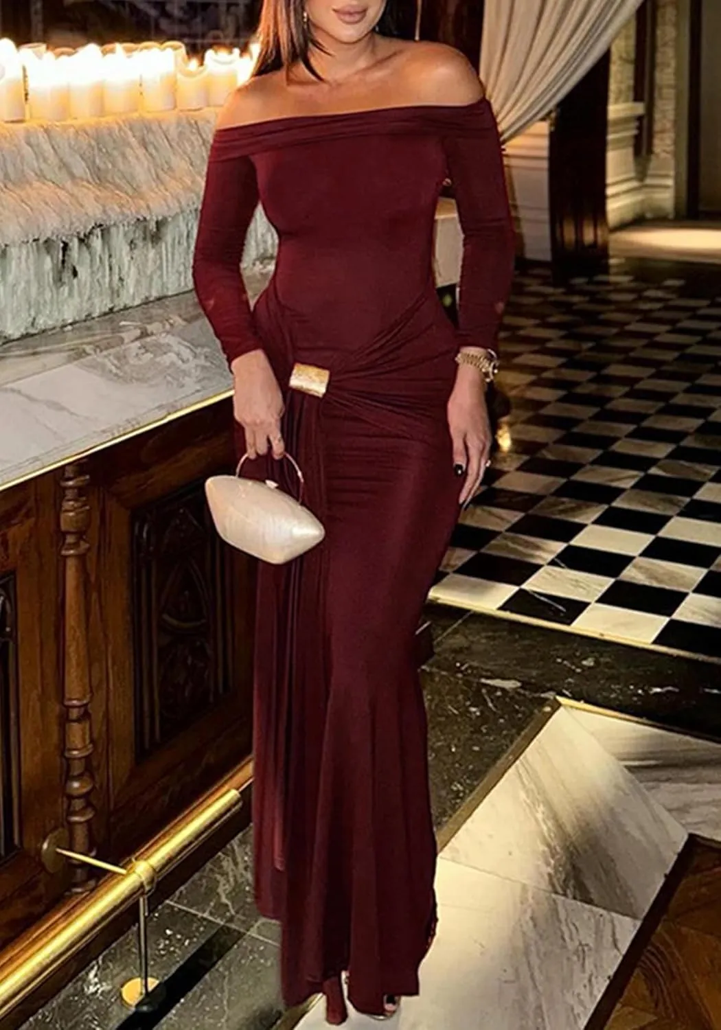 Unybwonn Sexy Off Shoulder Maxi Dress for Women Bodycon Stretchy Long Sleeve Wrap Dresses Party Cocktail Mesh Dresses