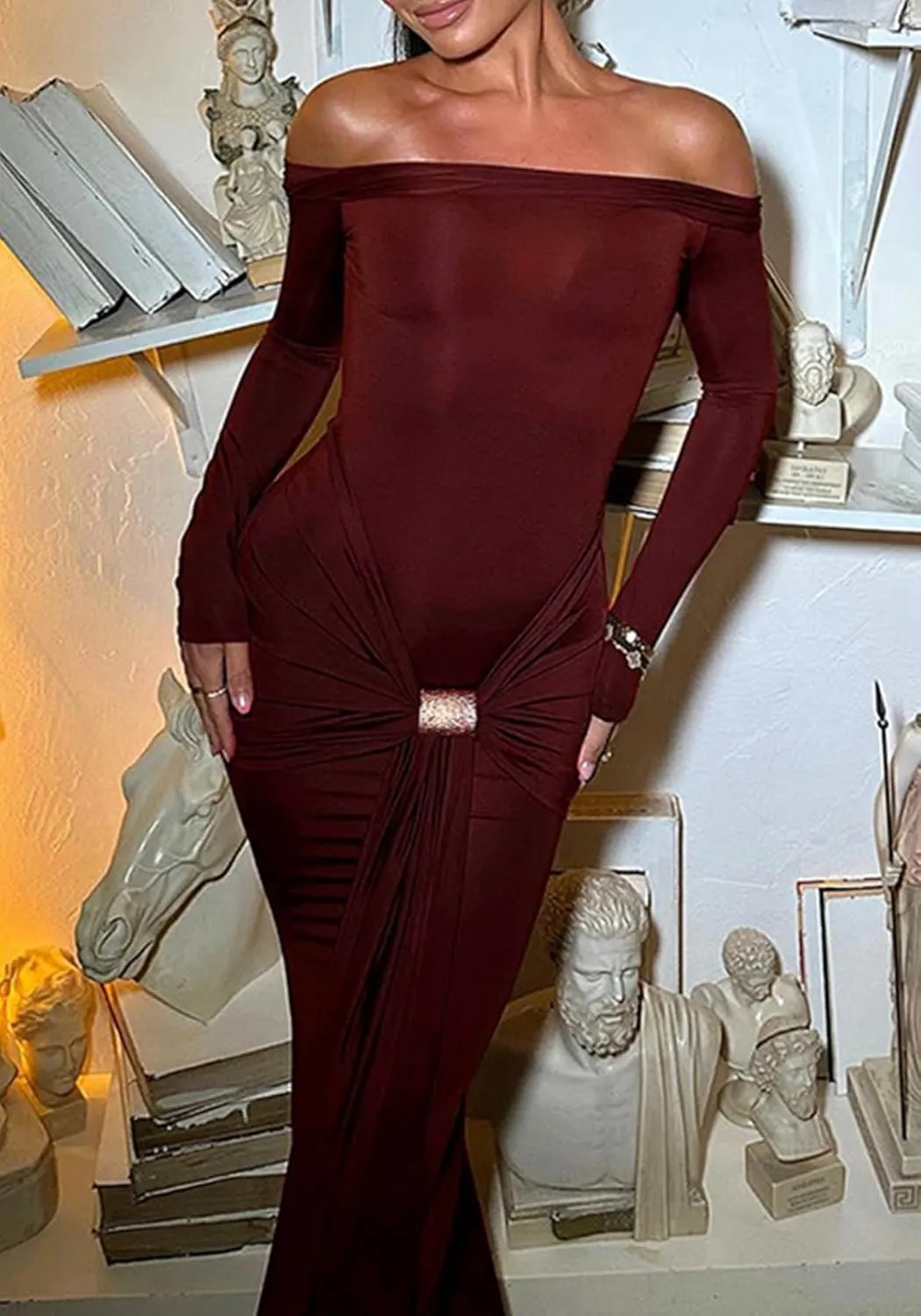 Unybwonn Sexy Off Shoulder Maxi Dress for Women Bodycon Stretchy Long Sleeve Wrap Dresses Party Cocktail Mesh Dresses