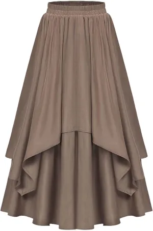 Vintage Renaissance Skirts for Women Double Layered Tiered Long Skirt High Waisted Asymmetrical Ruffle A Line Skirt