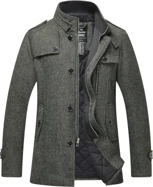 wantdo Men's Wool Blend Jacket Stand Collar Windproof Pea Coat