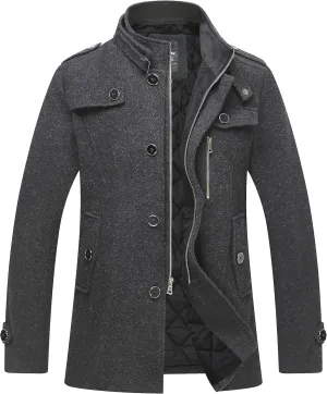 wantdo Men's Wool Blend Jacket Stand Collar Windproof Pea Coat