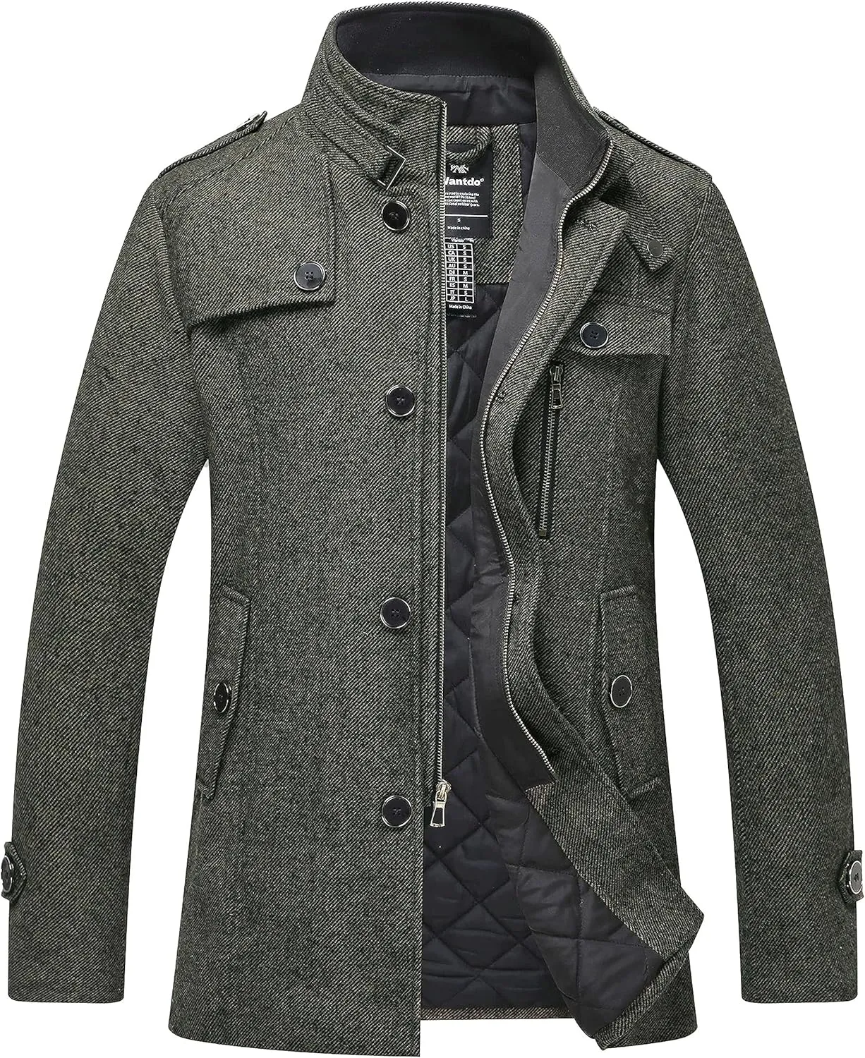 wantdo Men's Wool Blend Jacket Stand Collar Windproof Pea Coat