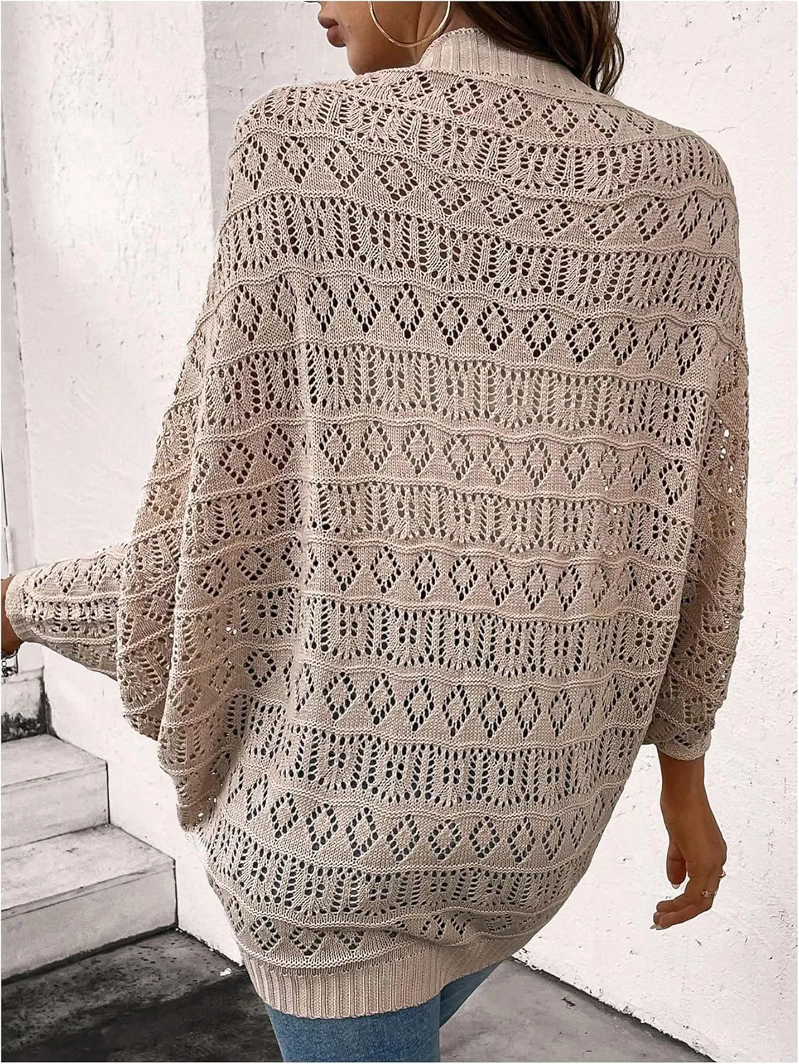 WDIRARA Women's Hollow Out Crochet Cardigan Long Sleeve Open Front Knit Oversized Cardigans Sweaters