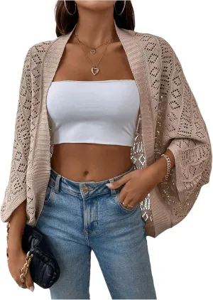 WDIRARA Women's Hollow Out Crochet Cardigan Long Sleeve Open Front Knit Oversized Cardigans Sweaters