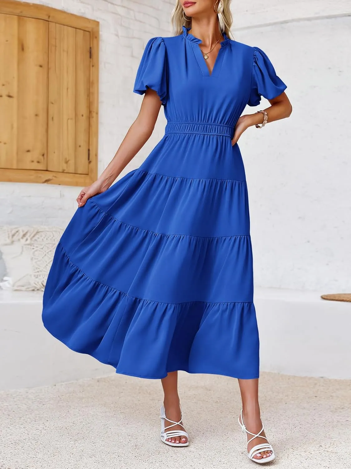 Wenrine Womens Summer Midi Dress Puff Short Sleeve V Neck Flowy Tiered Beach A-Line Dresses