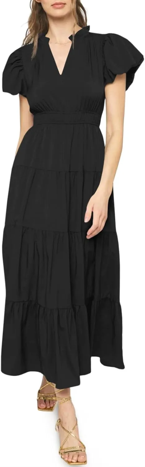 Wenrine Womens Summer Midi Dress Puff Short Sleeve V Neck Flowy Tiered Beach A-Line Dresses