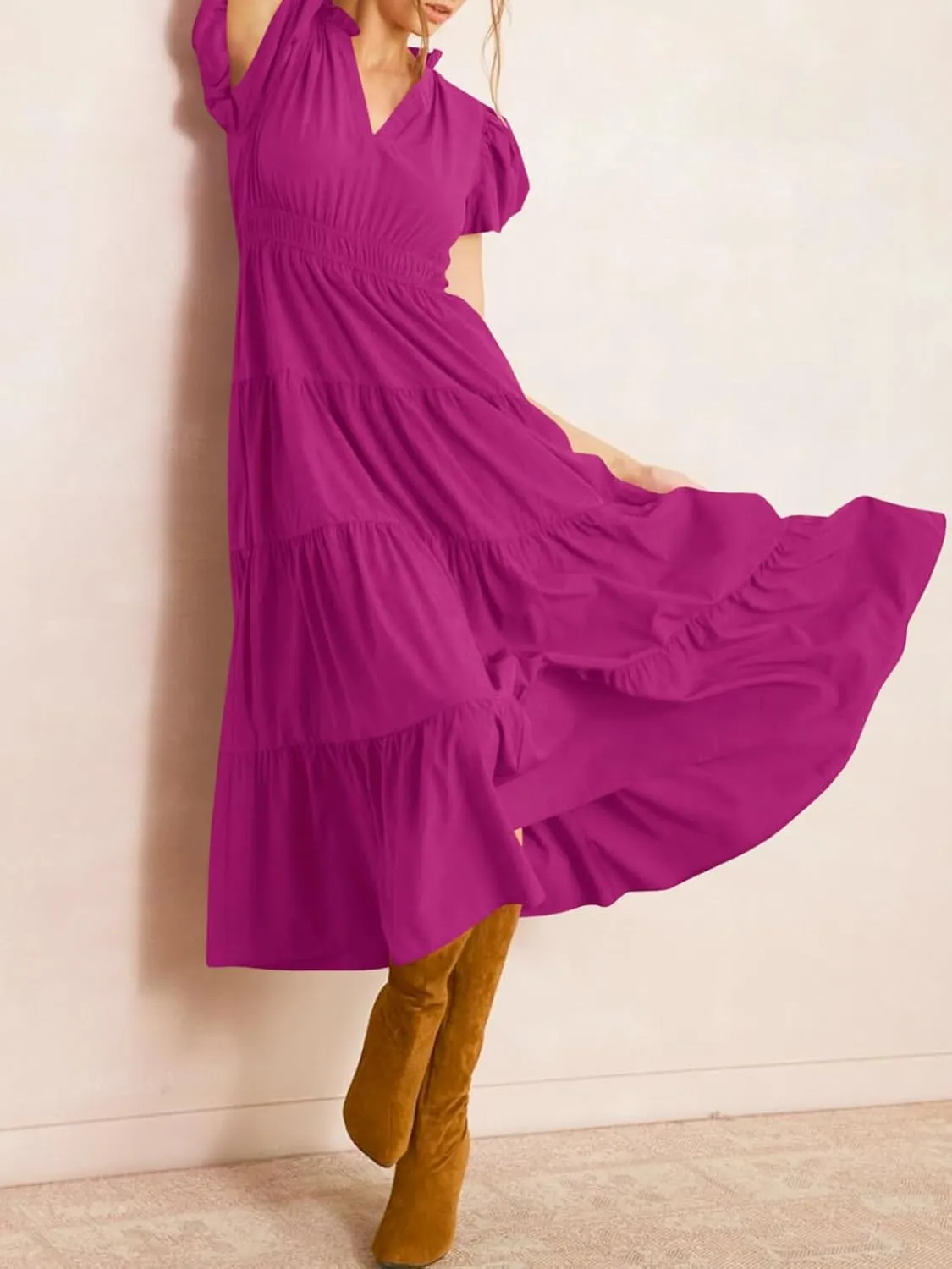 Wenrine Womens Summer Midi Dress Puff Short Sleeve V Neck Flowy Tiered Beach A-Line Dresses