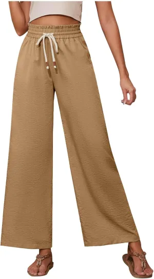 Wide Leg Pants for Women Casual Elastic Waist Beach Boho Trousers Summer Drawstring Straight Leg Pants
