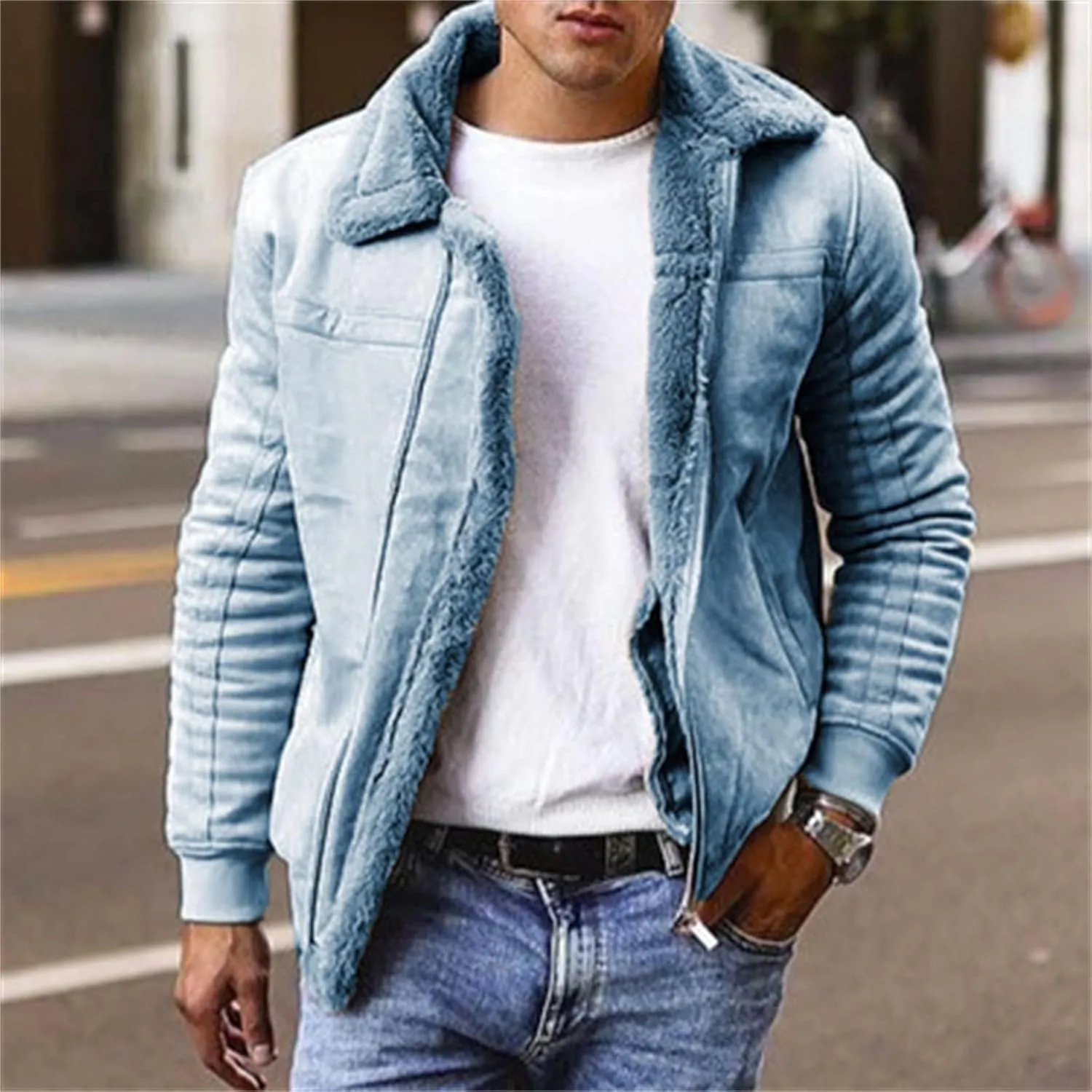 Winter Coats for Men Vintage Suede Faux Fur Jacket Lapel Sherpa Lined Coat Bomber Leather Flying Aviator Jacket Outwear