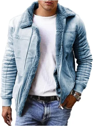 Winter Coats for Men Vintage Suede Faux Fur Jacket Lapel Sherpa Lined Coat Bomber Leather Flying Aviator Jacket Outwear